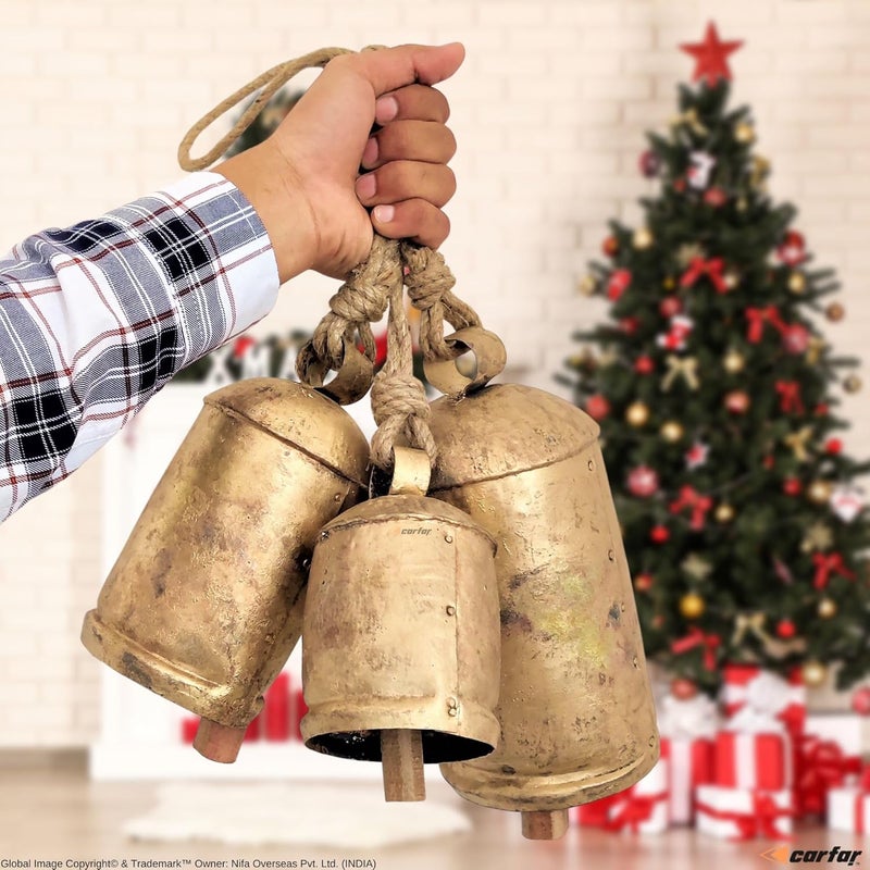 Carfar Shabby Chic Set of 3 Country Rustic Style Bells Handmade Metal Harmony Christmas Hanging Cow Bell Set on Jute Rope (Large) - Image 3